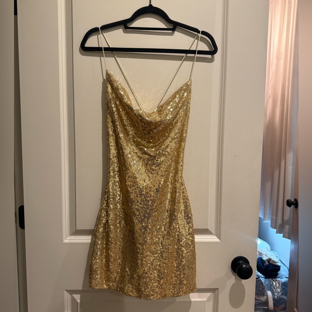B Darlin Gold Slip Mini Dress Spaghetti Strap Cowl Neck